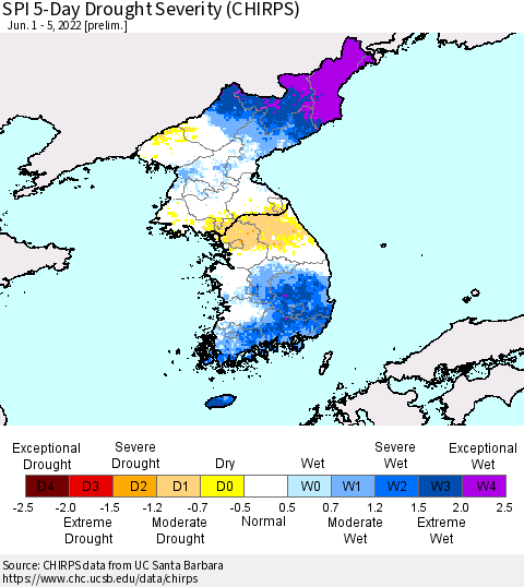 Korea SPI 5-Day Drought Severity (CHIRPS) Thematic Map For 6/1/2022 - 6/5/2022
