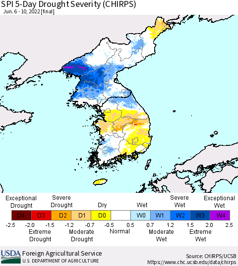 Korea SPI 5-Day Drought Severity (CHIRPS) Thematic Map For 6/6/2022 - 6/10/2022