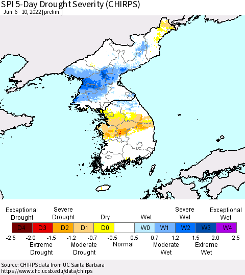 Korea SPI 5-Day Drought Severity (CHIRPS) Thematic Map For 6/6/2022 - 6/10/2022