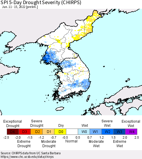 Korea SPI 5-Day Drought Severity (CHIRPS) Thematic Map For 6/11/2022 - 6/15/2022