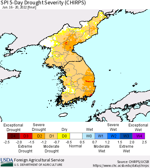 Korea SPI 5-Day Drought Severity (CHIRPS) Thematic Map For 6/16/2022 - 6/20/2022