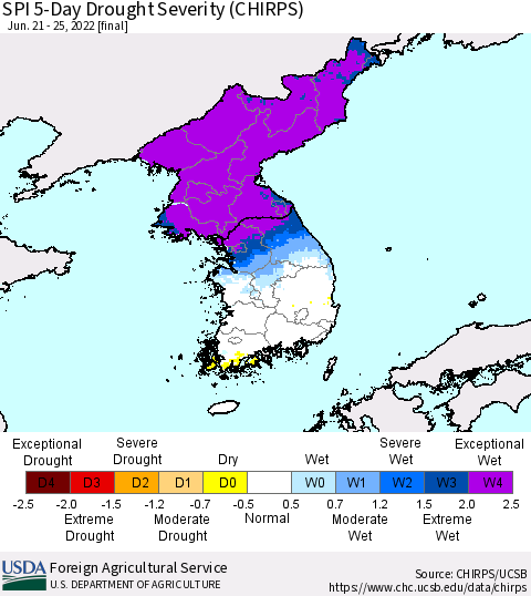 Korea SPI 5-Day Drought Severity (CHIRPS) Thematic Map For 6/21/2022 - 6/25/2022