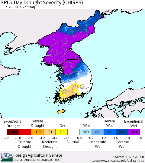 Korea SPI 5-Day Drought Severity (CHIRPS) Thematic Map For 6/26/2022 - 6/30/2022