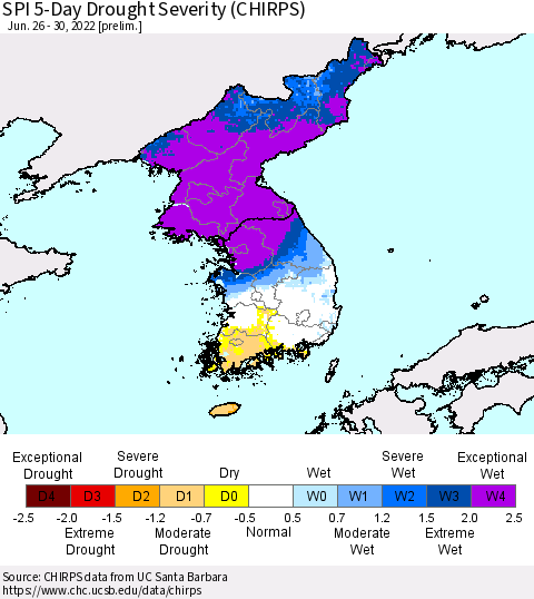 Korea SPI 5-Day Drought Severity (CHIRPS) Thematic Map For 6/26/2022 - 6/30/2022