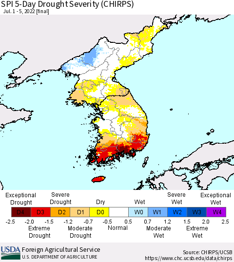 Korea SPI 5-Day Drought Severity (CHIRPS) Thematic Map For 7/1/2022 - 7/5/2022