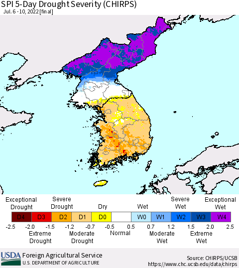 Korea SPI 5-Day Drought Severity (CHIRPS) Thematic Map For 7/6/2022 - 7/10/2022