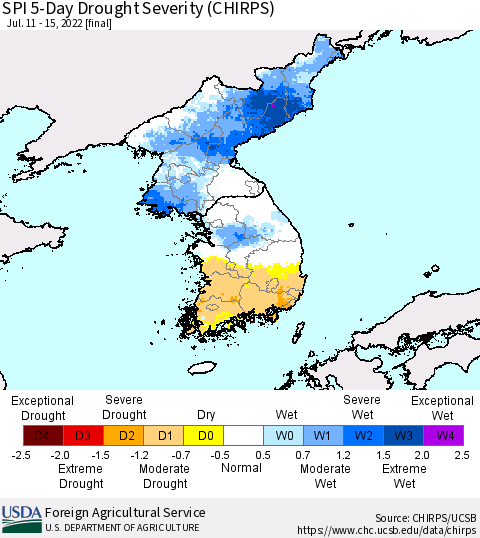 Korea SPI 5-Day Drought Severity (CHIRPS) Thematic Map For 7/11/2022 - 7/15/2022