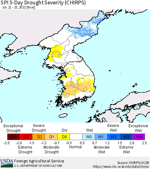 Korea SPI 5-Day Drought Severity (CHIRPS) Thematic Map For 7/21/2022 - 7/25/2022