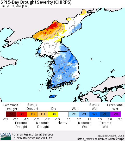 Korea SPI 5-Day Drought Severity (CHIRPS) Thematic Map For 7/26/2022 - 7/31/2022