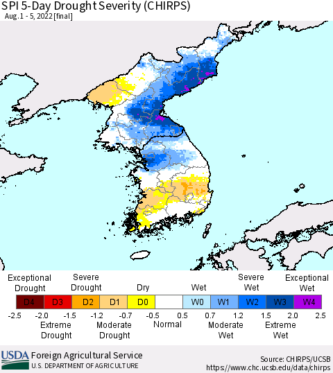 Korea SPI 5-Day Drought Severity (CHIRPS) Thematic Map For 8/1/2022 - 8/5/2022