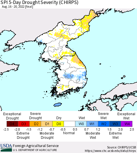 Korea SPI 5-Day Drought Severity (CHIRPS) Thematic Map For 8/16/2022 - 8/20/2022