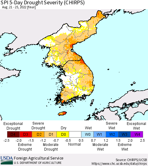 Korea SPI 5-Day Drought Severity (CHIRPS) Thematic Map For 8/21/2022 - 8/25/2022