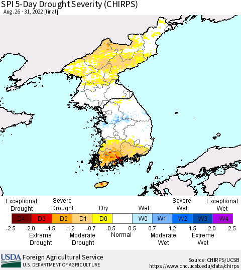 Korea SPI 5-Day Drought Severity (CHIRPS) Thematic Map For 8/26/2022 - 8/31/2022