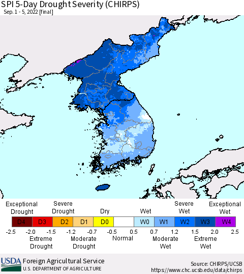 Korea SPI 5-Day Drought Severity (CHIRPS) Thematic Map For 9/1/2022 - 9/5/2022