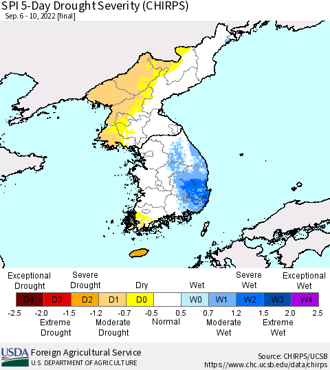 Korea SPI 5-Day Drought Severity (CHIRPS) Thematic Map For 9/6/2022 - 9/10/2022