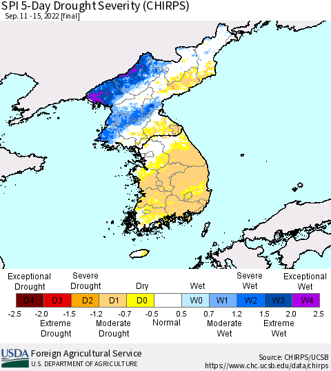 Korea SPI 5-Day Drought Severity (CHIRPS) Thematic Map For 9/11/2022 - 9/15/2022