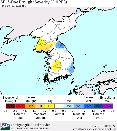 Korea SPI 5-Day Drought Severity (CHIRPS) Thematic Map For 9/16/2022 - 9/20/2022