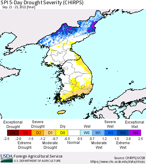 Korea SPI 5-Day Drought Severity (CHIRPS) Thematic Map For 9/21/2022 - 9/25/2022