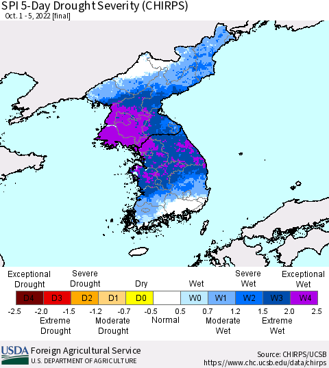 Korea SPI 5-Day Drought Severity (CHIRPS) Thematic Map For 10/1/2022 - 10/5/2022