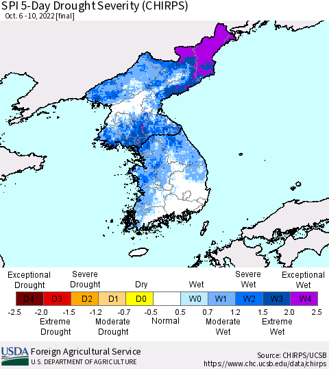 Korea SPI 5-Day Drought Severity (CHIRPS) Thematic Map For 10/6/2022 - 10/10/2022