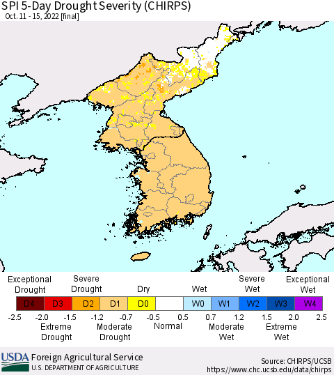 Korea SPI 5-Day Drought Severity (CHIRPS) Thematic Map For 10/11/2022 - 10/15/2022
