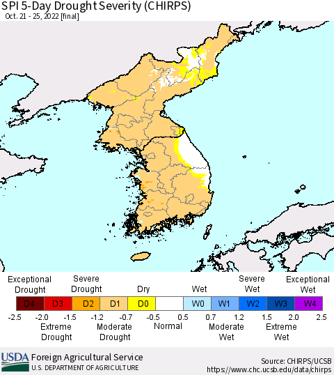 Korea SPI 5-Day Drought Severity (CHIRPS) Thematic Map For 10/21/2022 - 10/25/2022