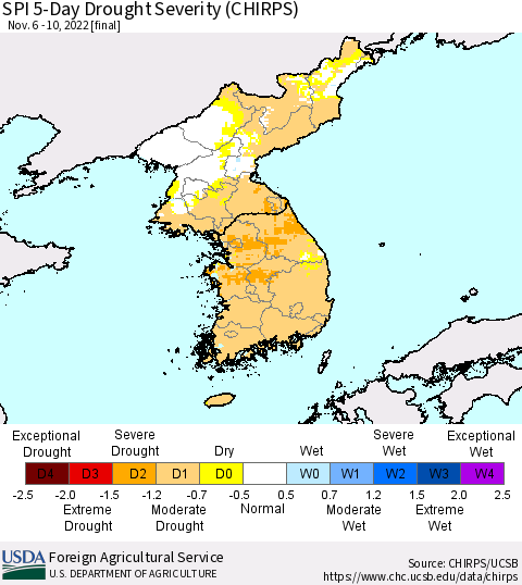 Korea SPI 5-Day Drought Severity (CHIRPS) Thematic Map For 11/6/2022 - 11/10/2022