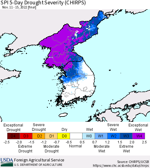 Korea SPI 5-Day Drought Severity (CHIRPS) Thematic Map For 11/11/2022 - 11/15/2022
