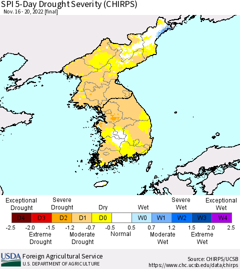 Korea SPI 5-Day Drought Severity (CHIRPS) Thematic Map For 11/16/2022 - 11/20/2022