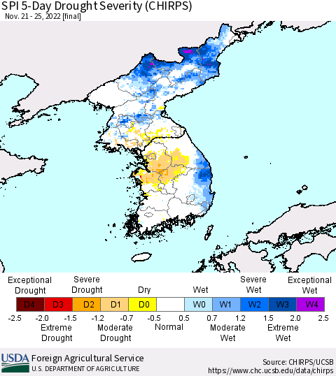 Korea SPI 5-Day Drought Severity (CHIRPS) Thematic Map For 11/21/2022 - 11/25/2022
