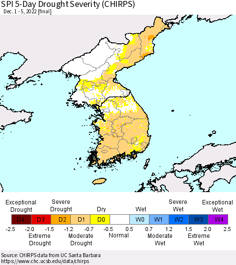 Korea SPI 5-Day Drought Severity (CHIRPS) Thematic Map For 12/1/2022 - 12/5/2022
