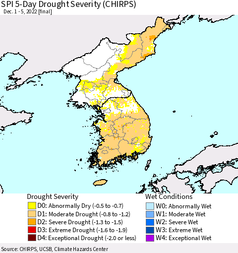 Korea SPI 5-Day Drought Severity (CHIRPS) Thematic Map For 12/1/2022 - 12/5/2022