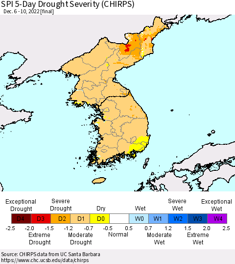 Korea SPI 5-Day Drought Severity (CHIRPS) Thematic Map For 12/6/2022 - 12/10/2022