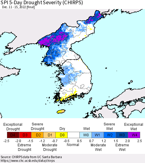 Korea SPI 5-Day Drought Severity (CHIRPS) Thematic Map For 12/11/2022 - 12/15/2022