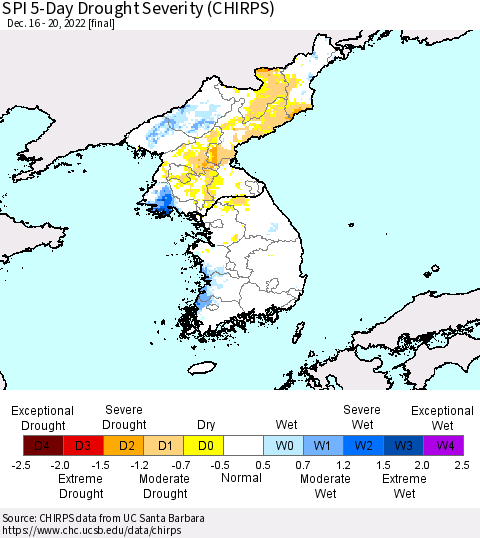 Korea SPI 5-Day Drought Severity (CHIRPS) Thematic Map For 12/16/2022 - 12/20/2022