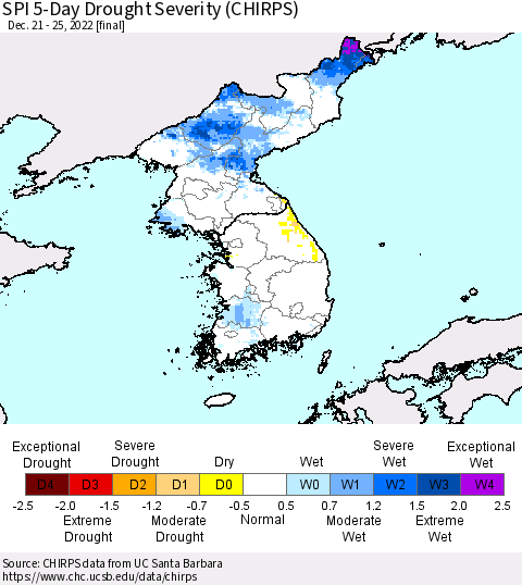 Korea SPI 5-Day Drought Severity (CHIRPS) Thematic Map For 12/21/2022 - 12/25/2022