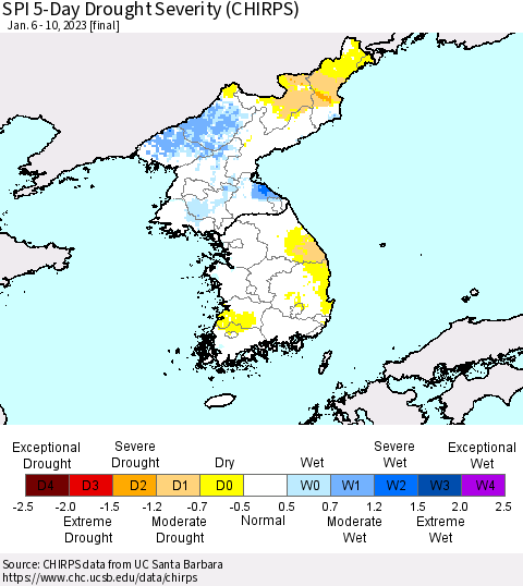 Korea SPI 5-Day Drought Severity (CHIRPS) Thematic Map For 1/6/2023 - 1/10/2023