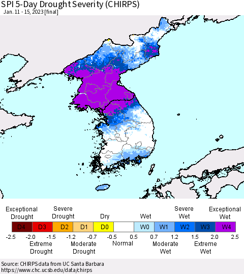 Korea SPI 5-Day Drought Severity (CHIRPS) Thematic Map For 1/11/2023 - 1/15/2023