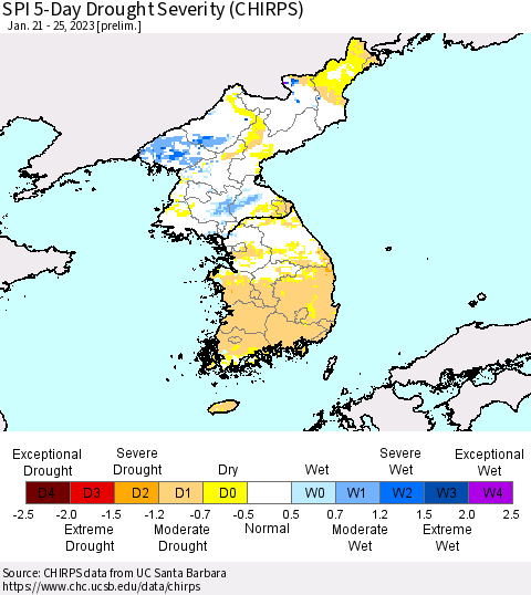 Korea SPI 5-Day Drought Severity (CHIRPS) Thematic Map For 1/21/2023 - 1/25/2023