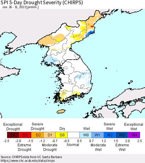 Korea SPI 5-Day Drought Severity (CHIRPS) Thematic Map For 1/26/2023 - 1/31/2023