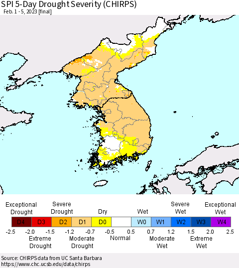Korea SPI 5-Day Drought Severity (CHIRPS) Thematic Map For 2/1/2023 - 2/5/2023