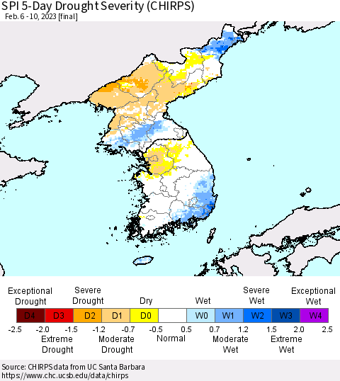 Korea SPI 5-Day Drought Severity (CHIRPS) Thematic Map For 2/6/2023 - 2/10/2023