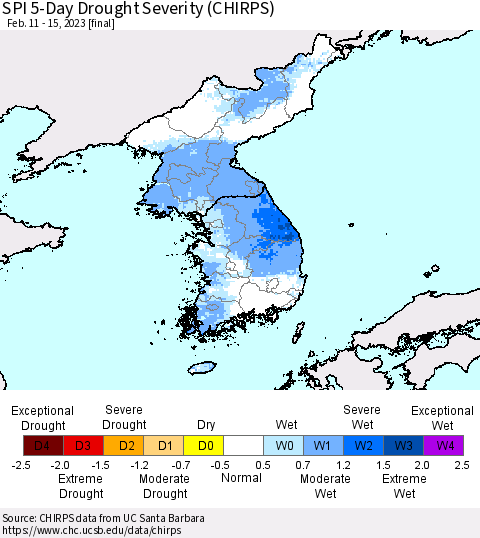 Korea SPI 5-Day Drought Severity (CHIRPS) Thematic Map For 2/11/2023 - 2/15/2023
