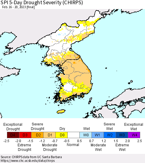 Korea SPI 5-Day Drought Severity (CHIRPS) Thematic Map For 2/16/2023 - 2/20/2023
