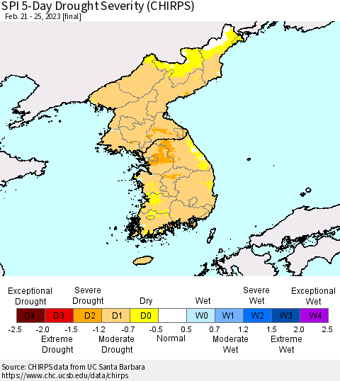 Korea SPI 5-Day Drought Severity (CHIRPS) Thematic Map For 2/21/2023 - 2/25/2023