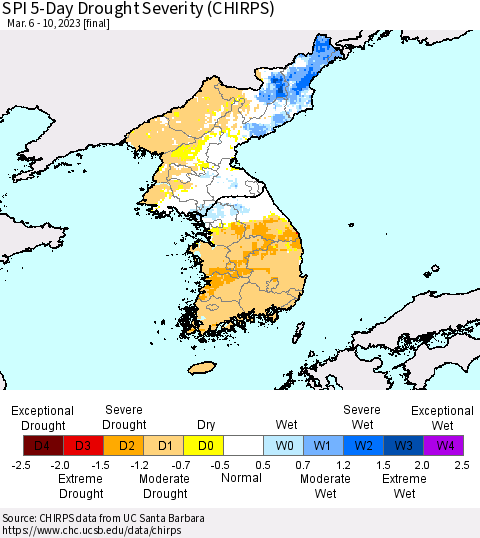 Korea SPI 5-Day Drought Severity (CHIRPS) Thematic Map For 3/6/2023 - 3/10/2023