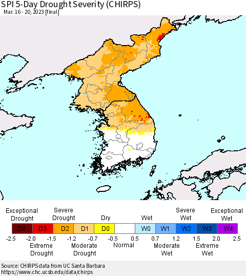 Korea SPI 5-Day Drought Severity (CHIRPS) Thematic Map For 3/16/2023 - 3/20/2023