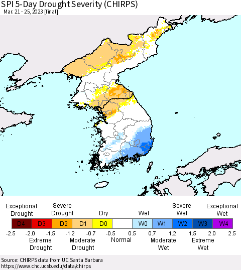 Korea SPI 5-Day Drought Severity (CHIRPS) Thematic Map For 3/21/2023 - 3/25/2023