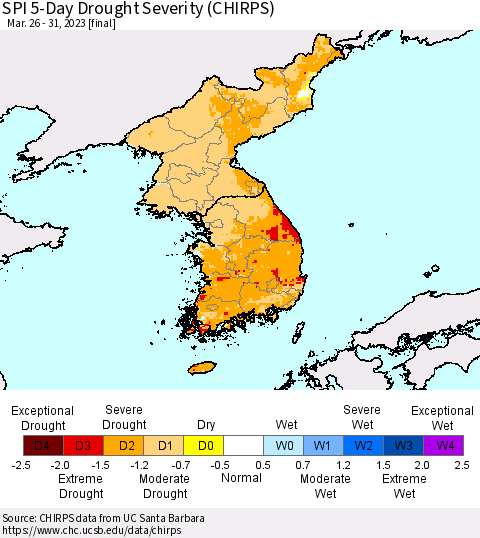 Korea SPI 5-Day Drought Severity (CHIRPS) Thematic Map For 3/26/2023 - 3/31/2023