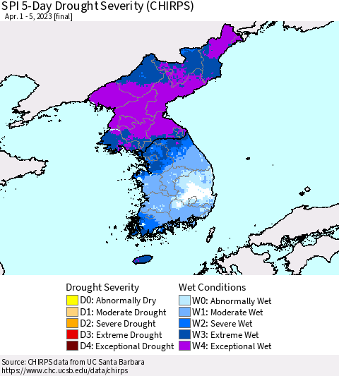 Korea SPI 5-Day Drought Severity (CHIRPS) Thematic Map For 4/1/2023 - 4/5/2023